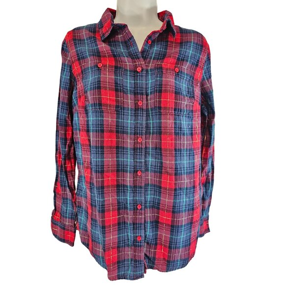 St Johns Bay Womens Red Blue Gold Plaid Button Up Blouse Size M Medium - Picture 1 of 6